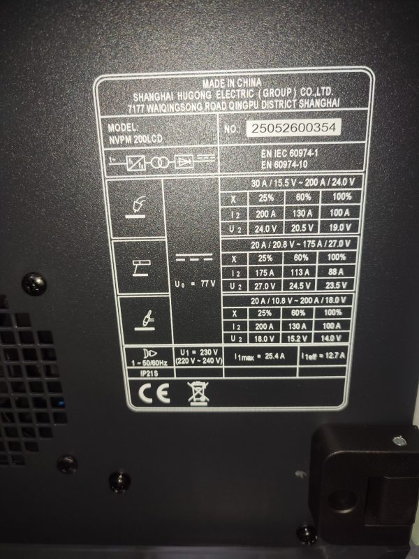 NVPM200LCDKARAKTERISTIKE Hugong NVPM 200 LCD — MIG/MAG puls 200 A